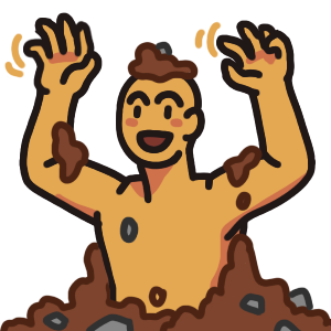 a figure from the waist up, raising their arms above their head and wiggling their fingers. They have a big smile on their face. they are popping out of a pile of dirt and stones.
